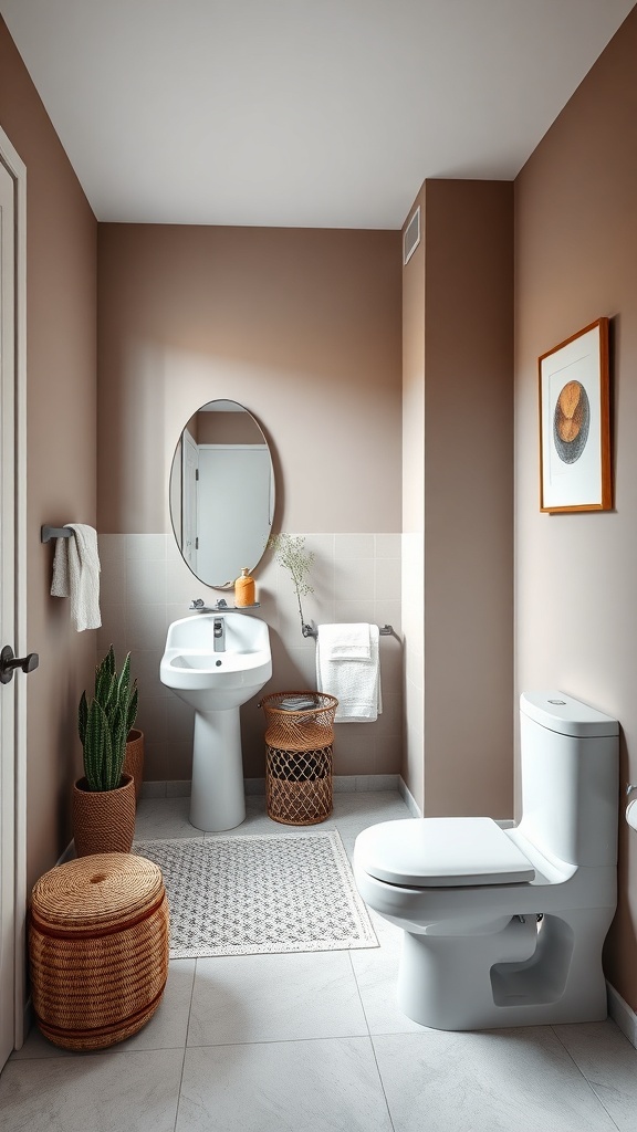 Minimalist half bathroom with earthy tones, modern fixtures, and decorative accents.
