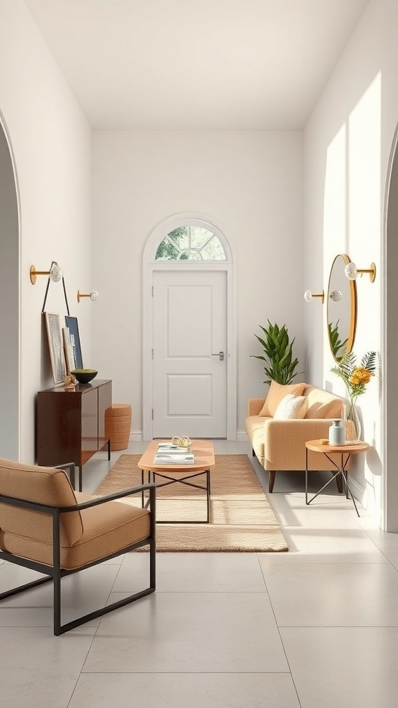 A minimalist foyer with clean lines, featuring light-colored furniture, plants, and natural light.