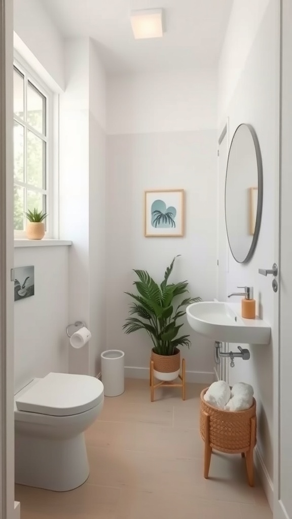 A small, minimalist bathroom featuring a potted plant, round mirror, and clean lines.