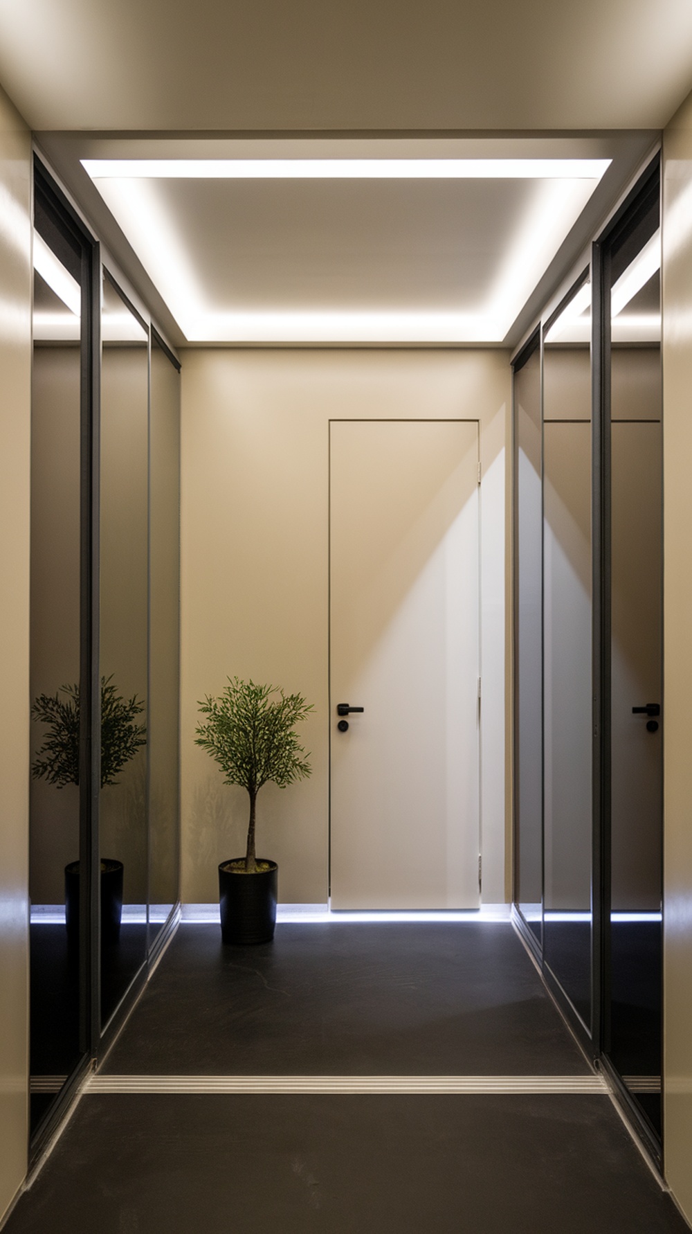 A modern minimalist entryway featuring a white door, reflective surfaces, and a small potted plant.