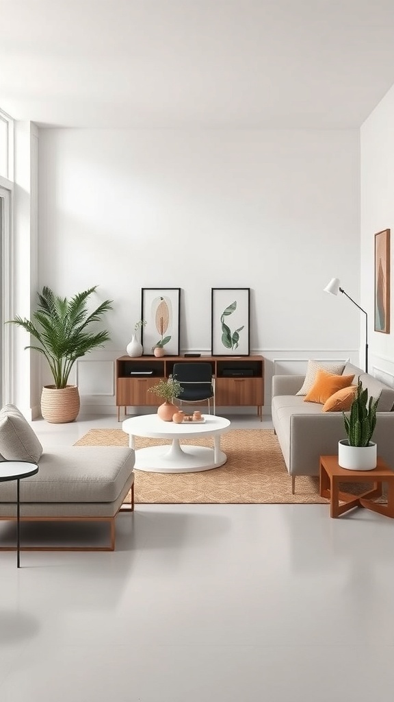A minimalist living room with a sofa, coffee table, plants, and artwork on the walls.