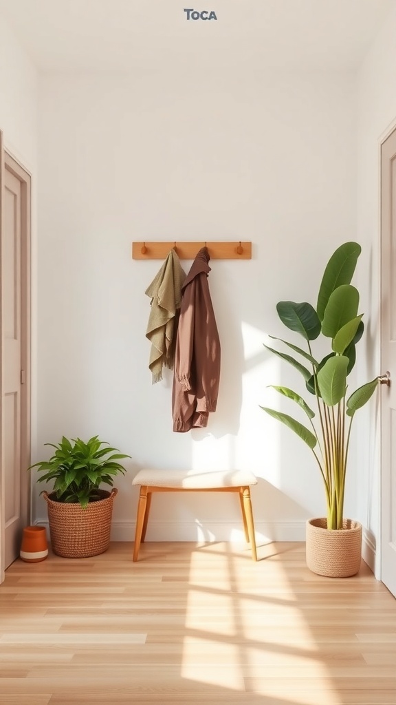 A minimalist entryway featuring a wooden bench, coat hooks, and potted plants.