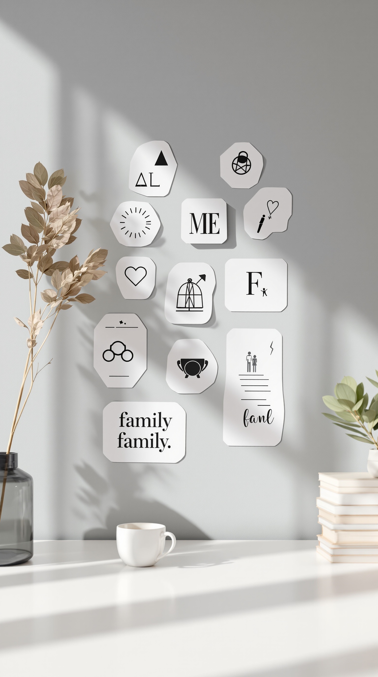 A collection of minimalist family stickers on a wall, featuring various shapes and the word 'family'.