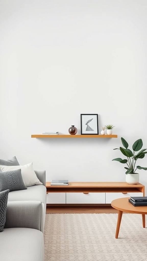 A minimalist living room featuring a floating shelf with decorative items above a sofa.