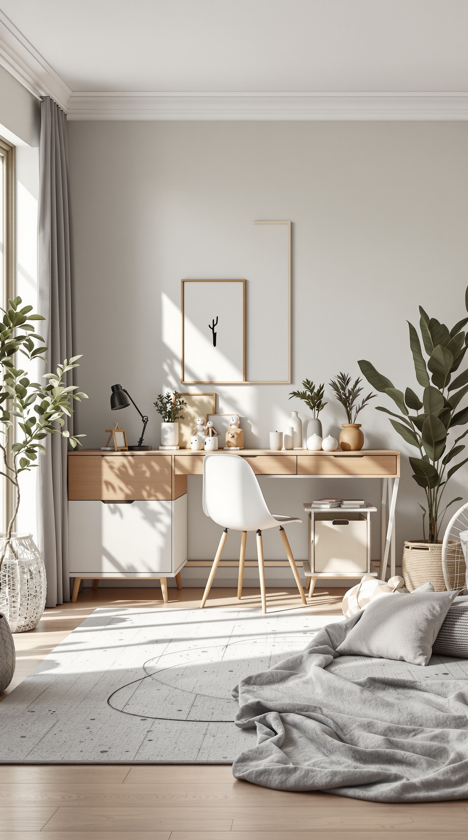 A minimalist kids room featuring a light wood desk, white chair, and plants, with a cozy rug on the floor.