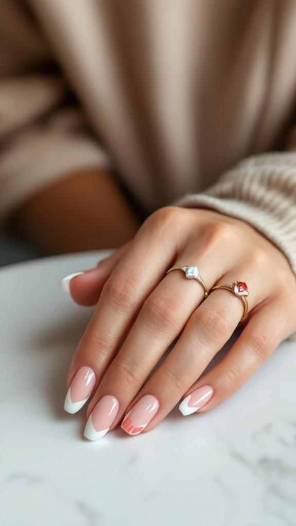 A close-up of a hand with minimalist geometric patterned nails in soft pink and white, adorned with delicate rings.
