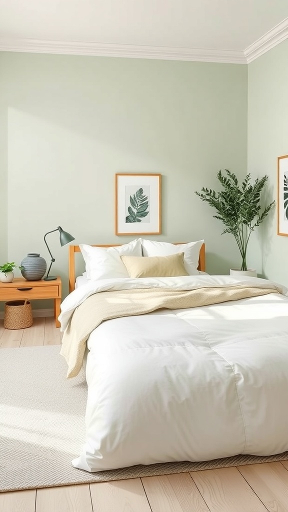 A light green bedroom featuring a wooden bed, white bedding, and natural decor.