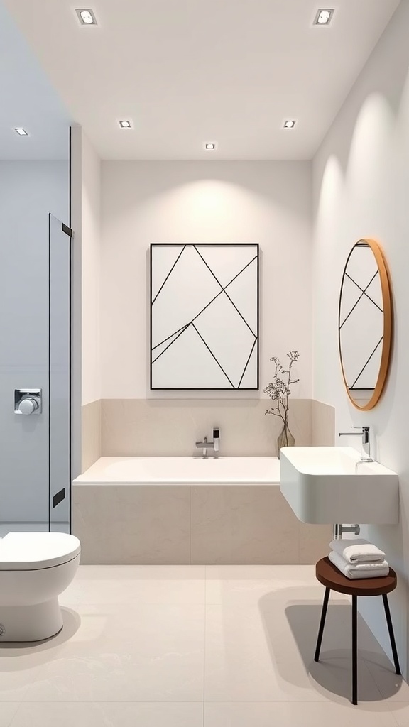A modern bathroom featuring minimalist line art on the wall, with neutral tones and sleek fixtures.