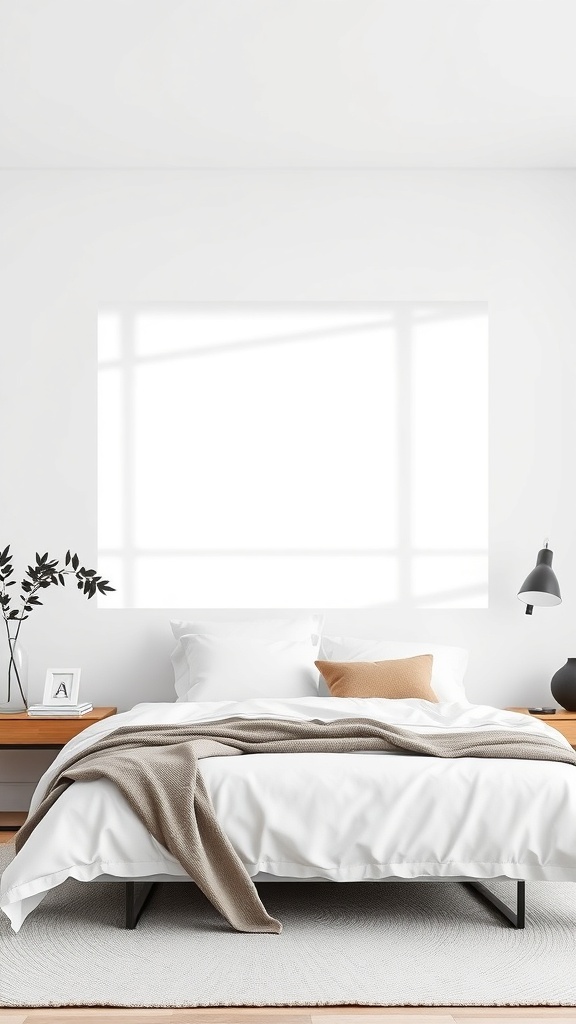 A minimalist bedroom with a blank wall, perfect for adding line art.