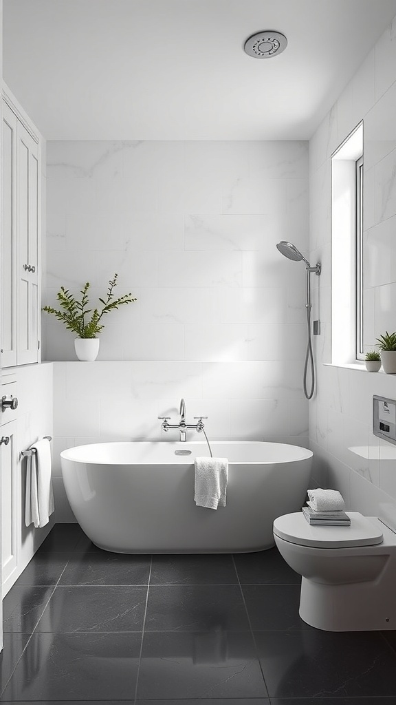 A minimalist bathroom featuring a white tub, dark flooring, and simple decor.