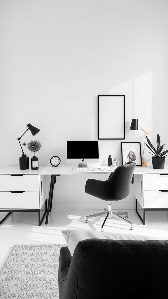 A minimalist monochrome workspace featuring a white desk, black chair, and decorative items.