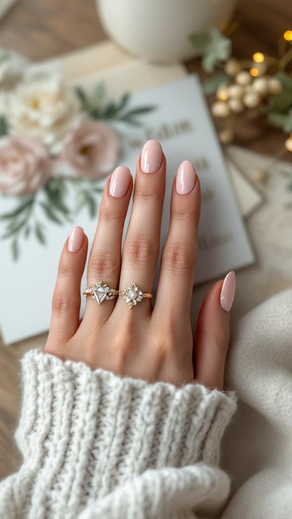 A close-up of hands with nude wedding nails, adorned with elegant rings, resting on a soft surface.