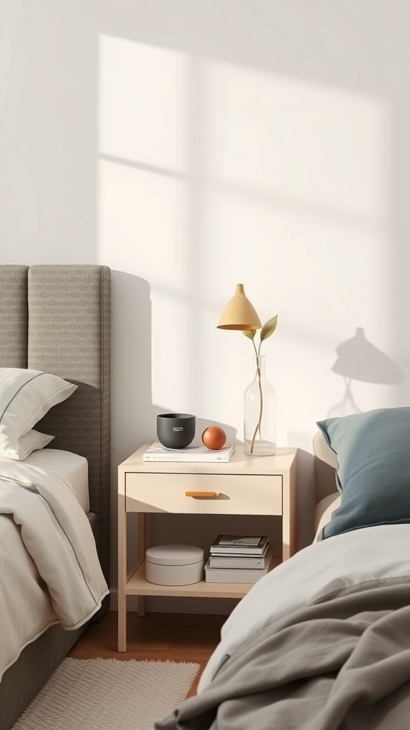 A minimalist nightstand with a lamp, a vase, a book, and a decorative bowl.