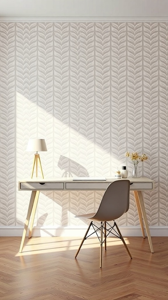 A minimalist wallpaper pattern with soft colors and a simple desk setup.