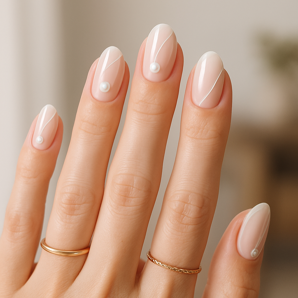 Minimalist pearl nail design featuring nude polish and pearl accents