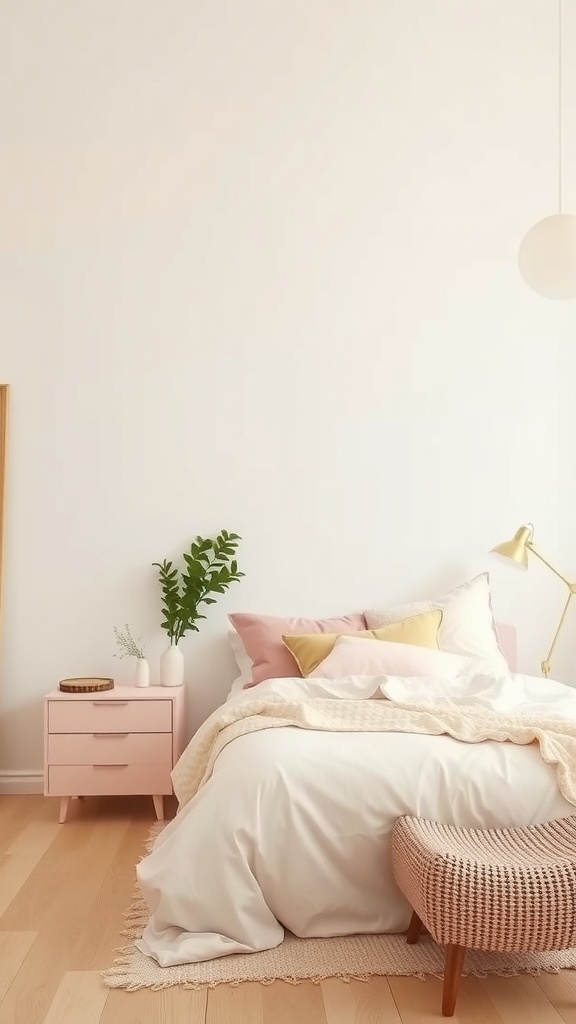 A minimalist pink bedroom featuring a bed with white linens and pink accents, a small pink nightstand, and a plant.