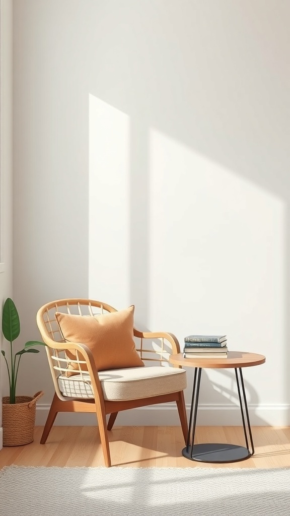 A cozy minimalist reading corner with a chair, side table, and plant.