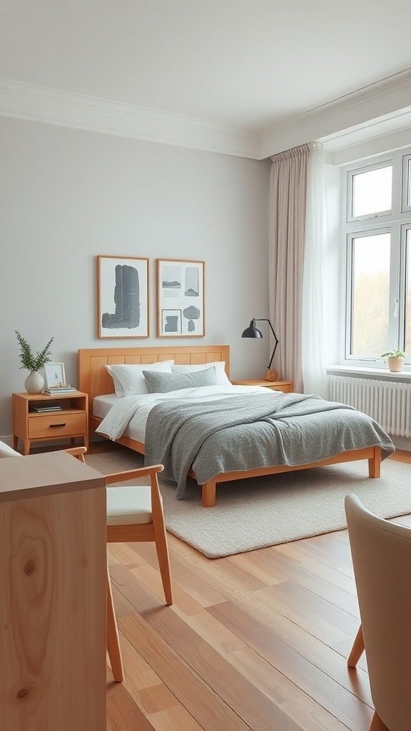 A minimalist Scandinavian bedroom featuring a wooden bed, light gray bedding, and natural light from large windows.
