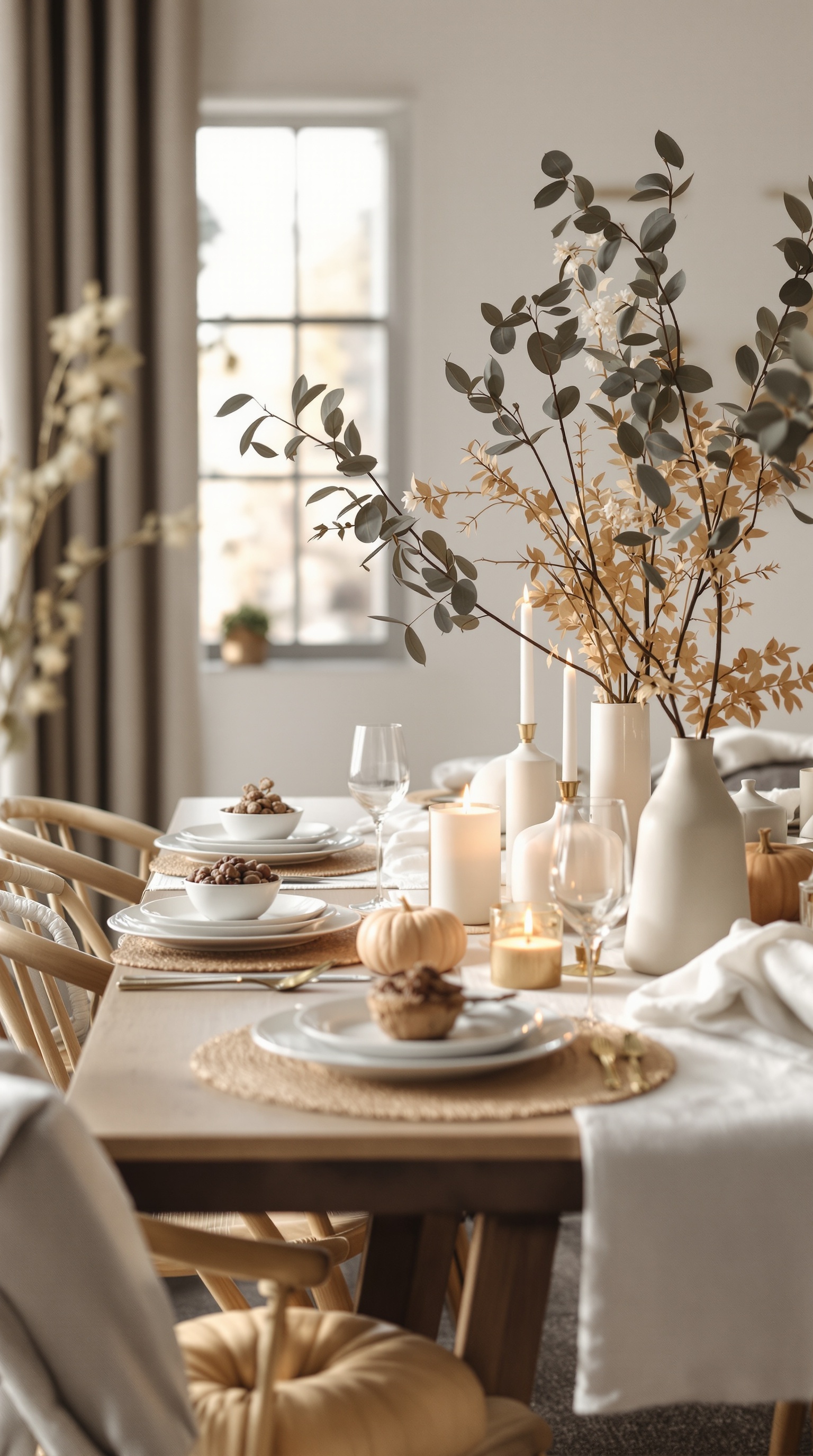 A minimalist Scandinavian Thanksgiving tablescape featuring white plates, candles, and natural elements.