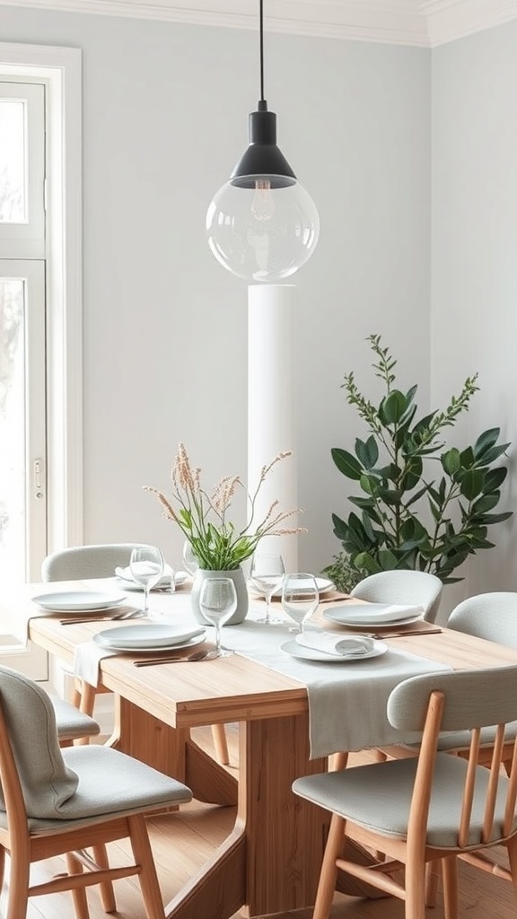 A minimalist Scandinavian dining table set up for winter with light wood table, gray chairs, and a simple floral centerpiece.