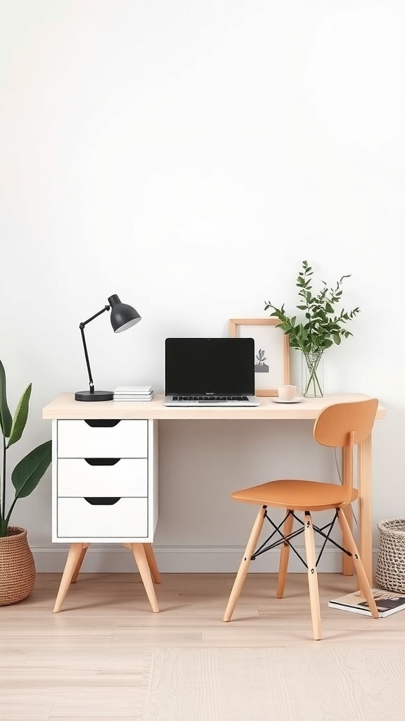 A minimalist Scandinavian desk setup featuring a light wood desk with white drawers, a laptop, a black lamp, and a plant.