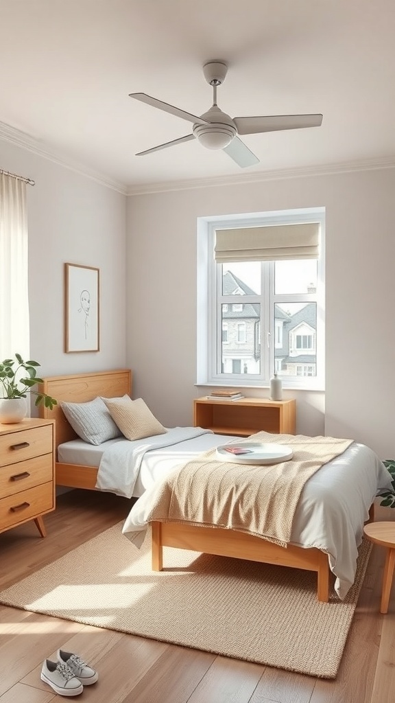 A minimalist Scandinavian bedroom featuring light colors, wooden furniture, and natural light.