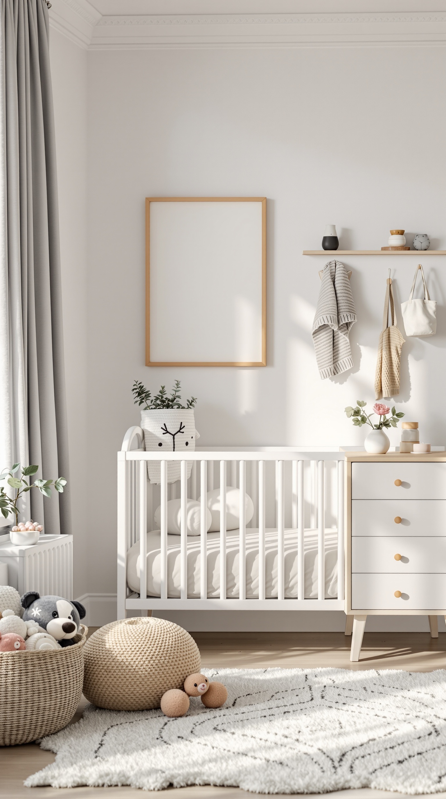A minimalist Scandinavian baby room featuring a crib, soft textures, and natural elements.