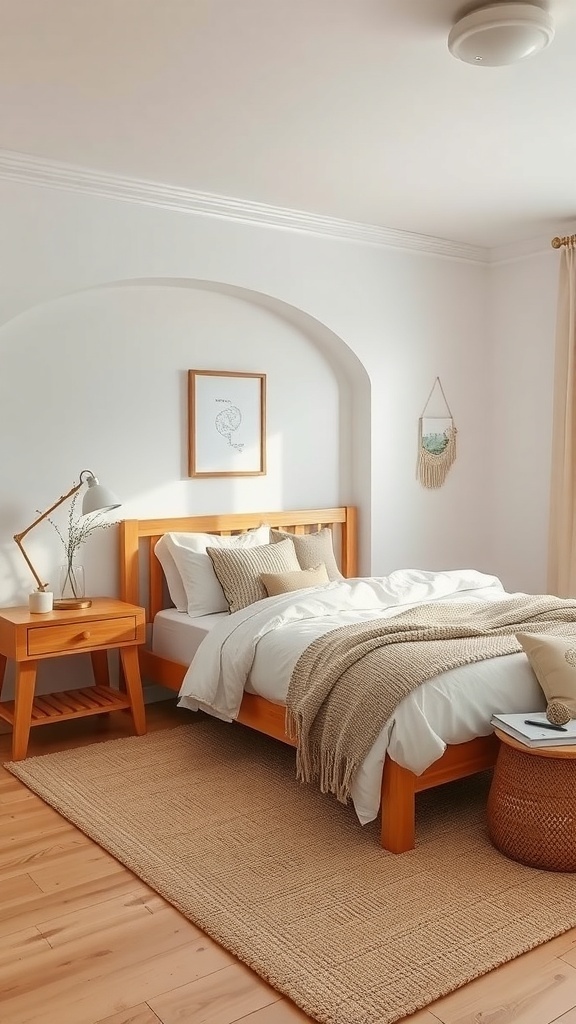 A minimalist Scandinavian style bedroom featuring light wood furniture, neutral colors, and natural light.