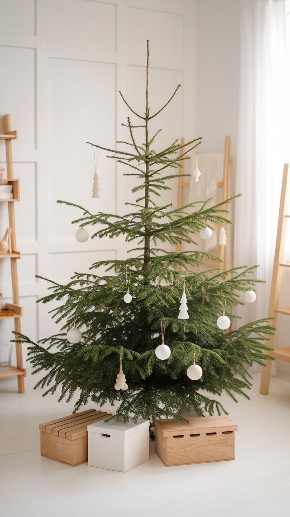 A minimalist Scandinavian style Christmas tree with simple white ornaments and natural wooden boxes beneath it.