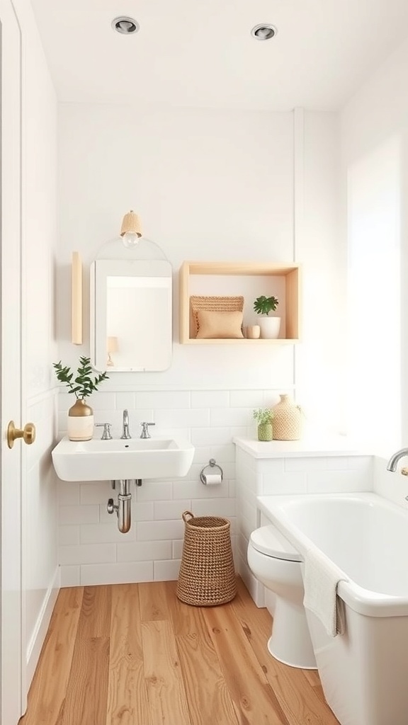 A bright, minimalist bathroom featuring clean white walls, wooden shelves, and decorative items.