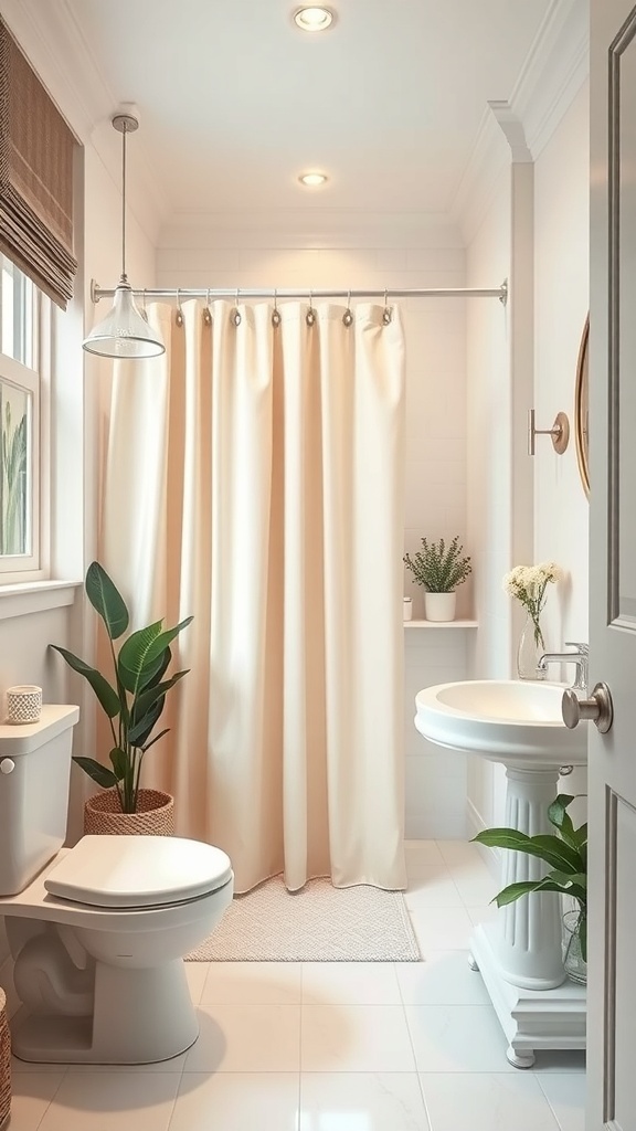 Beautiful small bathroom with a minimalist shower curtain and indoor plants.