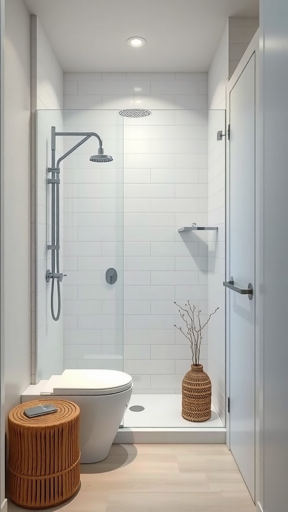 A minimalist stand up shower in a small bathroom featuring sleek fixtures and a glass enclosure