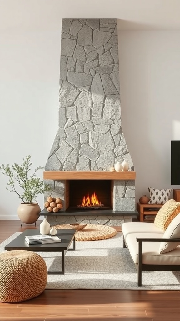 A minimalist stone fireplace with a wooden mantel, surrounded by simple furniture and decor.