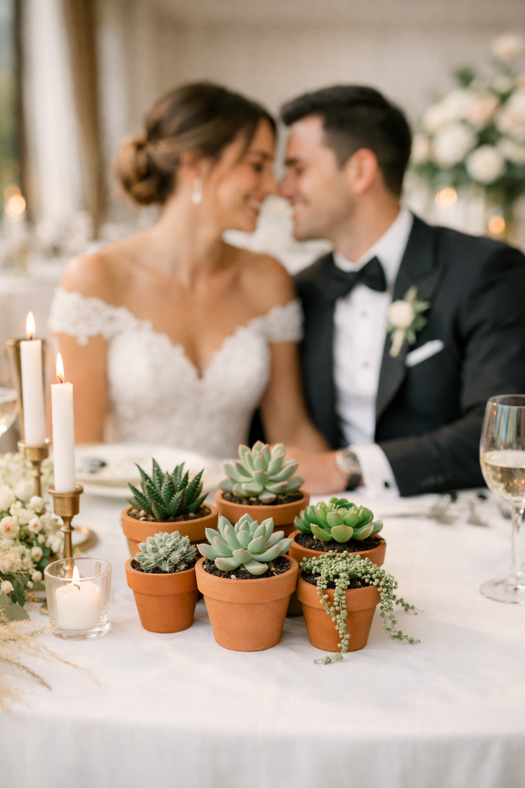 A romantic wedding table featuring terracotta pots with various succulents.