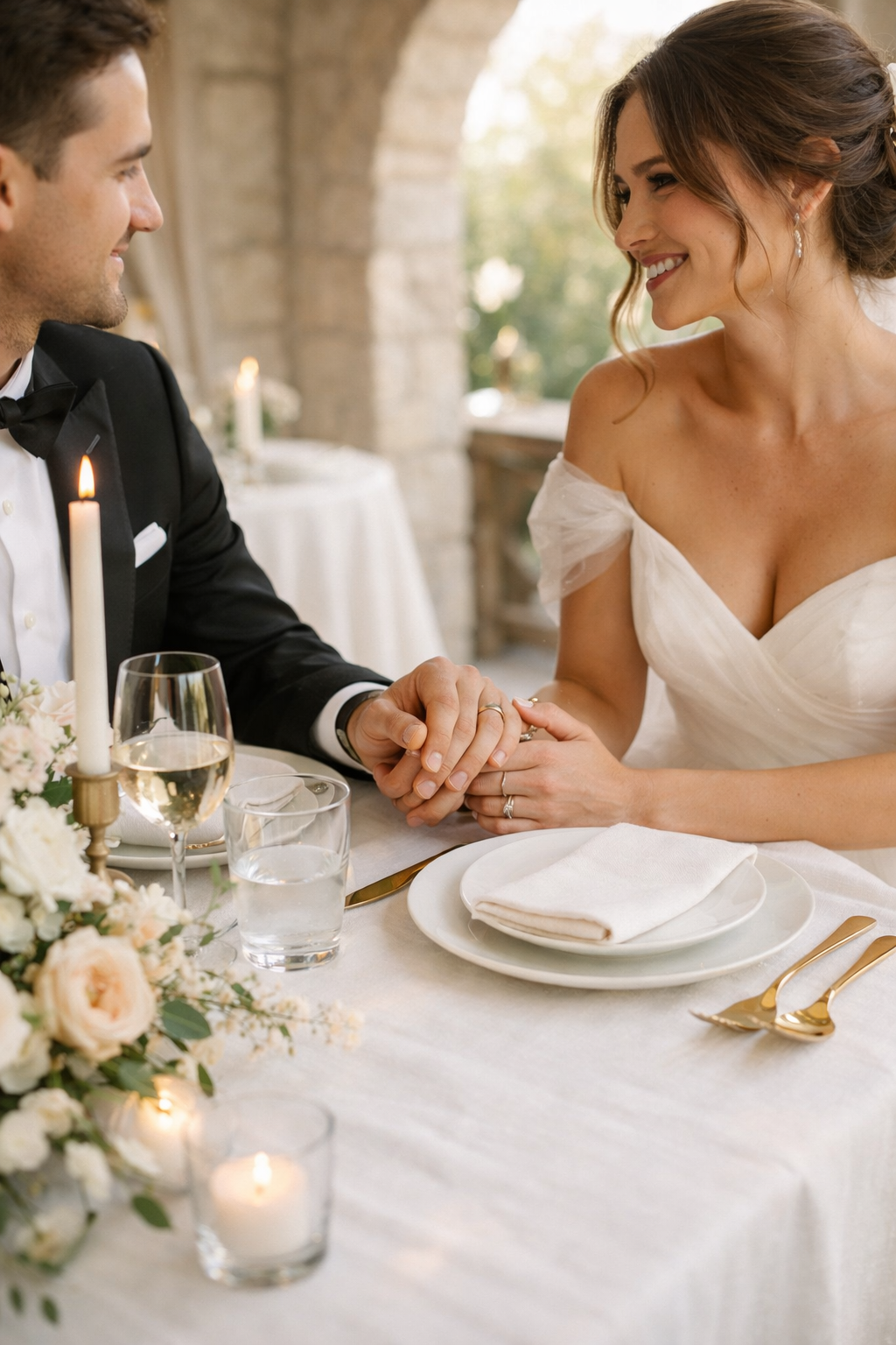 A couple holding hands at a minimalist wedding table setting with elegant decor.