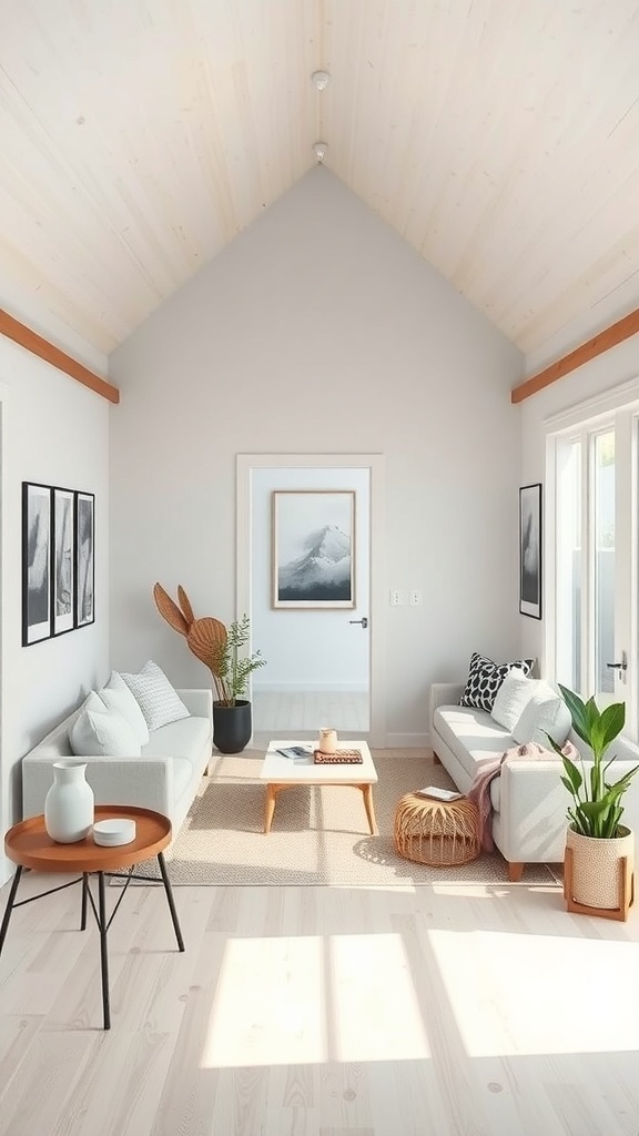 A minimalist living room in a tiny house with a sloped ceiling, two sofas, a coffee table, and potted plants.
