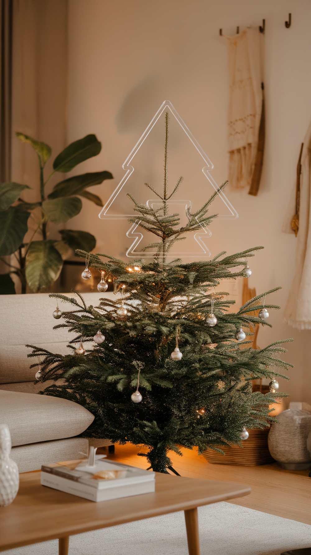 A minimalist Christmas tree topper shaped like a tree, placed on a decorated Christmas tree with ornaments.