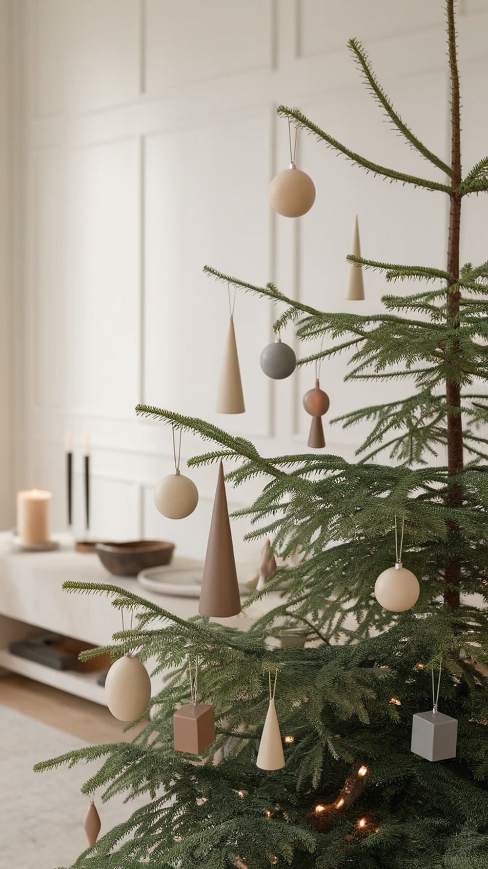 A minimalist Christmas tree adorned with simple geometric ornaments in soft colors.