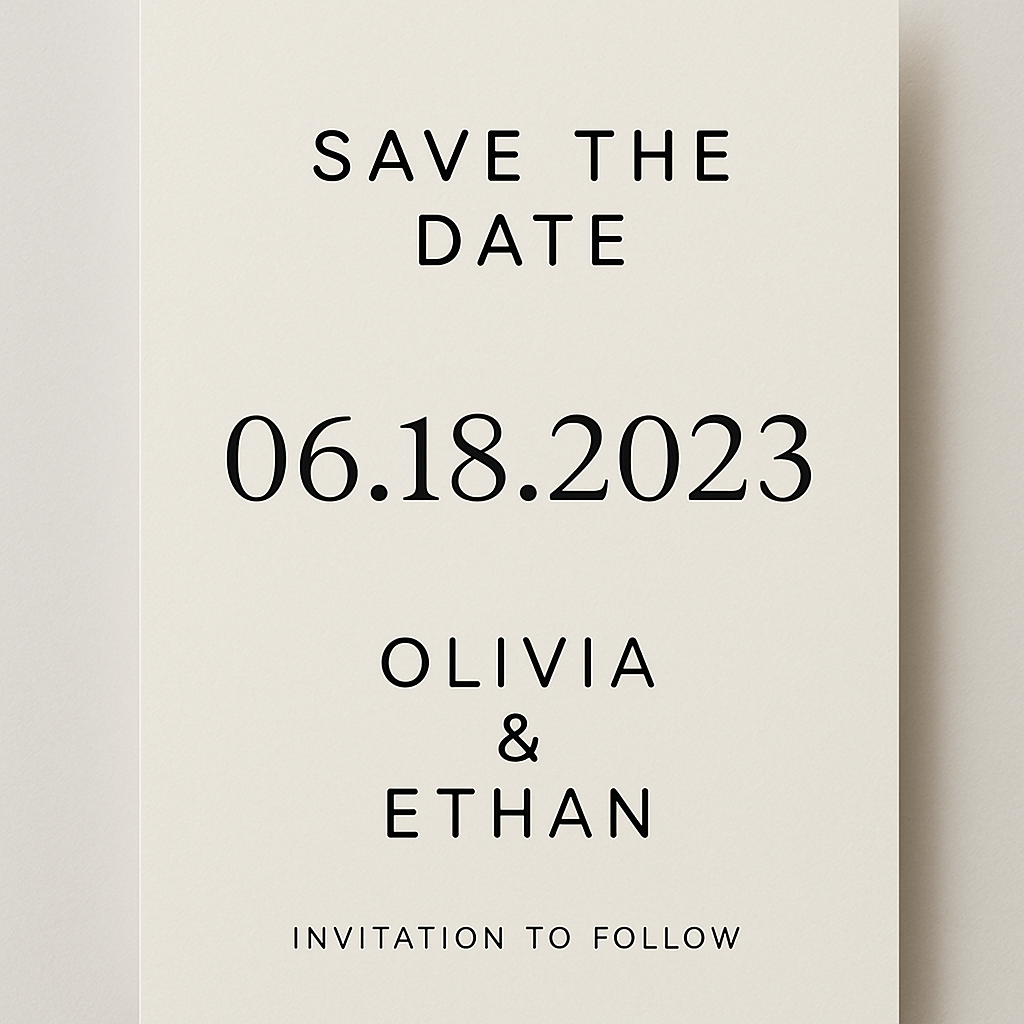 A minimalist save the date card featuring bold typography with the date, names, and a simple design.