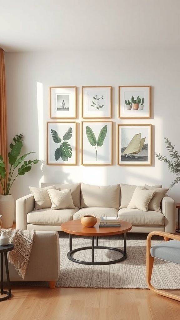 A cozy living room with minimalist wall art displays featuring framed botanical prints.