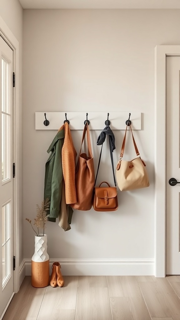 A minimalist entryway with wall hooks displaying jackets and bags, complemented by decorative elements.