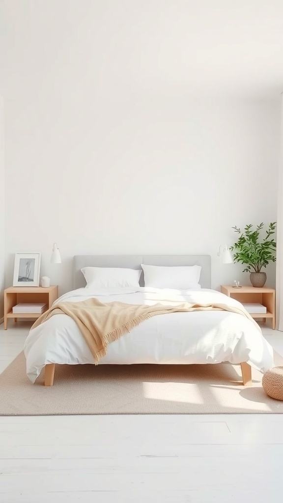 A minimalist white bedroom featuring a bed with white linens, light wooden nightstands, and a potted plant.