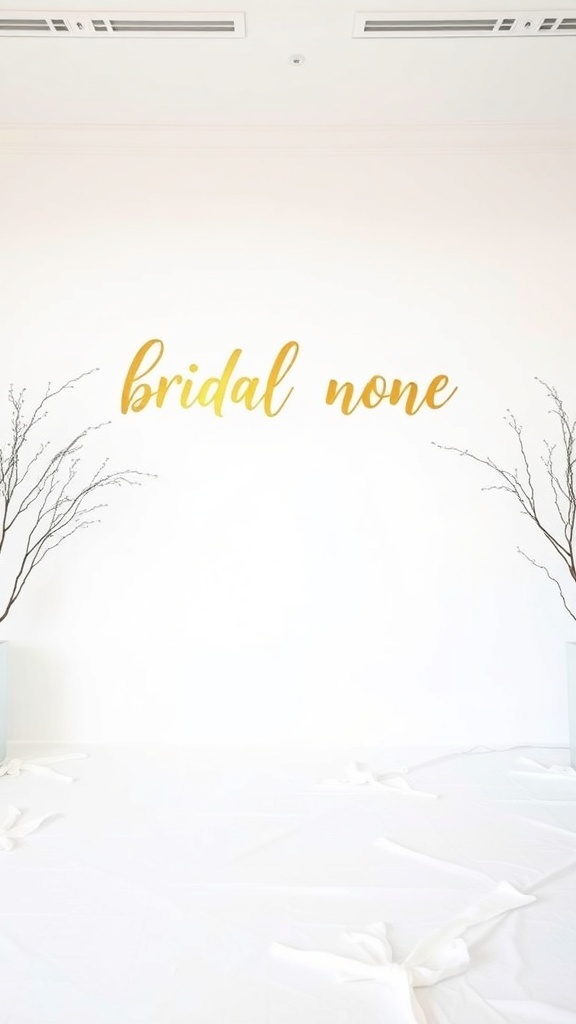 A minimalist white and gold bridal shower backdrop featuring golden lettering on a white wall with branches in vases.