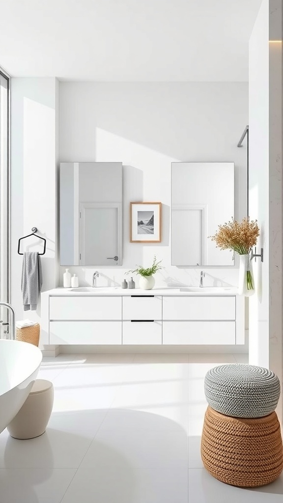 A minimalist white bathroom featuring sleek cabinetry, large mirrors, and natural decor elements.