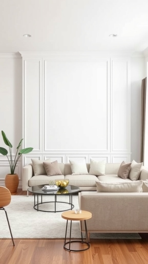 A minimalist living room with white paneling, beige furniture, and a coffee table.