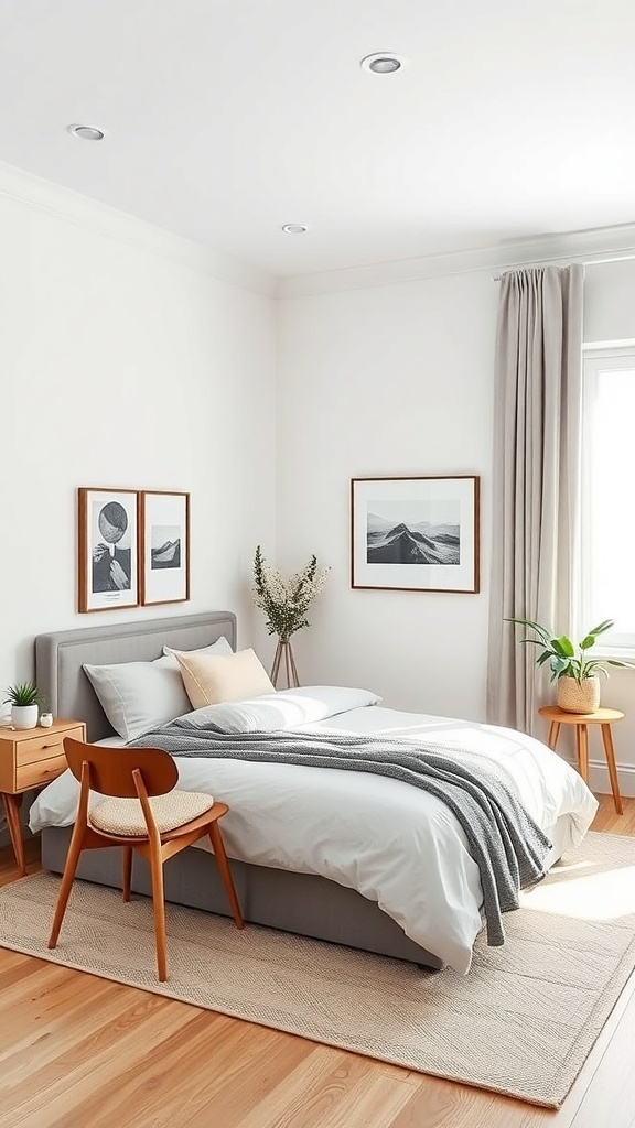 A minimalist bedroom with a workspace featuring a bed, desk, and plants.