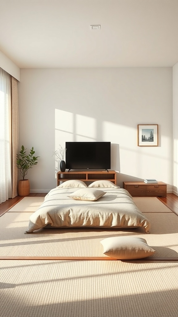 A minimalist zen retreat featuring a low bed, neutral bedding, and natural light.