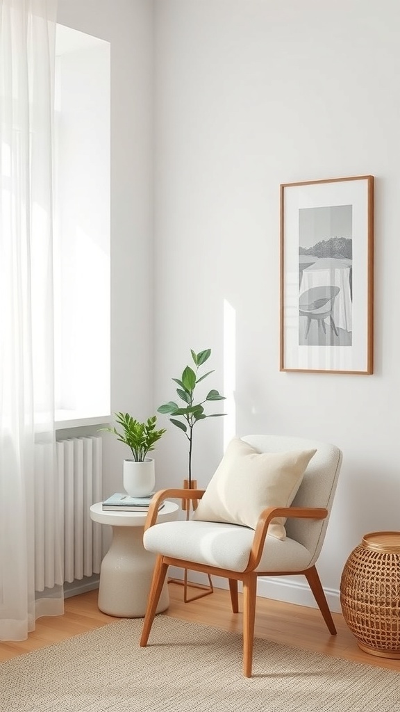 A cozy minimalist reading corner with a chair, side table, plant, and artwork.