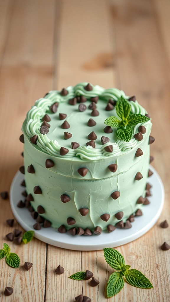 A beautifully decorated mint chocolate chip cake with chocolate chips and mint leaves on a wooden table.