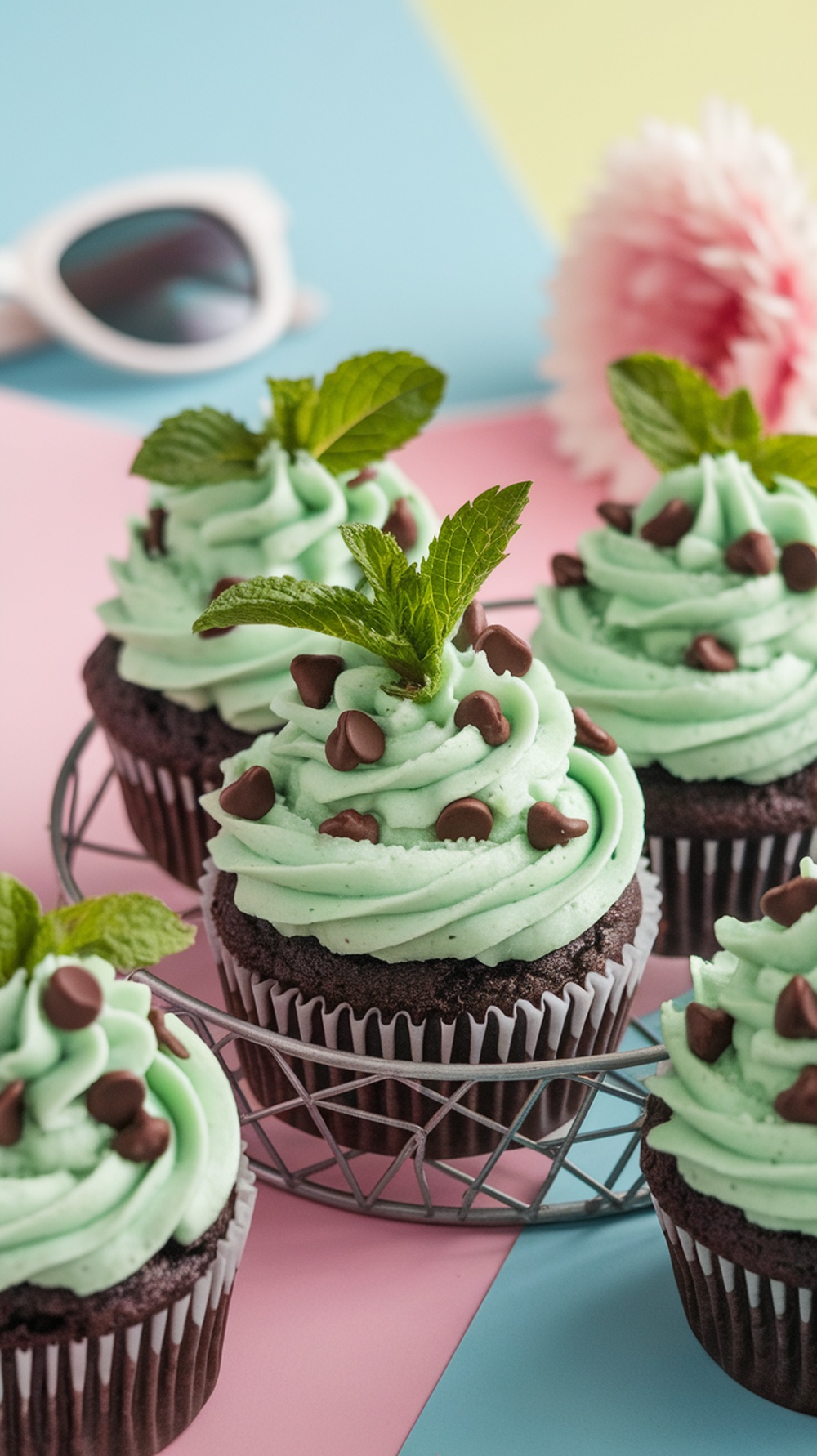 Mint chocolate chip cupcakes with green frosting, chocolate chips, and mint leaves on a pastel background.